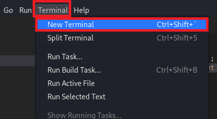 Opening a terminal in VS Code via the menu.