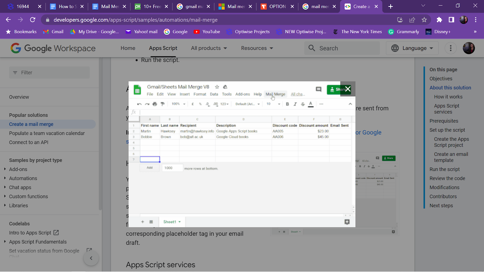 Creating a mailing list on a Google spreadsheet