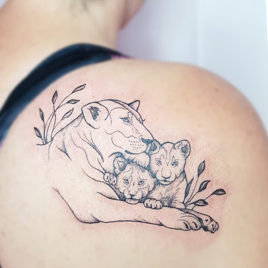 Cute Lion Family Tattoo On Back Shoulder