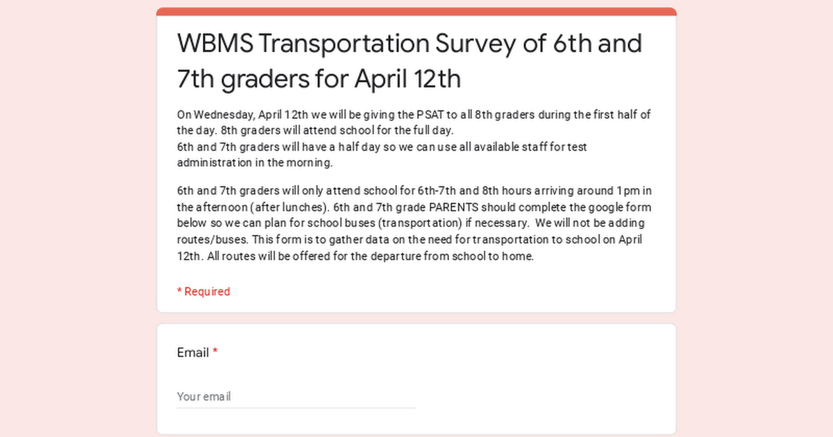 WBMS Transportation Survey of 6th and 7th graders for April 12th