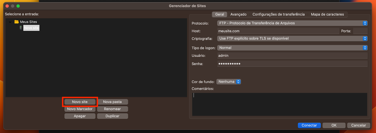 configurando novo site no FileZilla