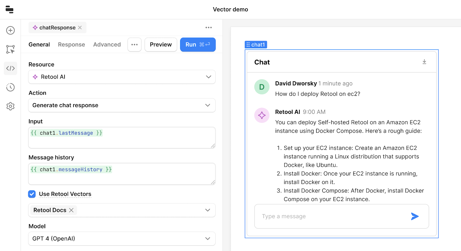  The Retool user build a chatbot that’s able to answer a specific question about how to deploy Retool on an ec2 instance.