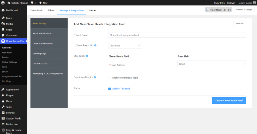 Form settings, Fluent forms