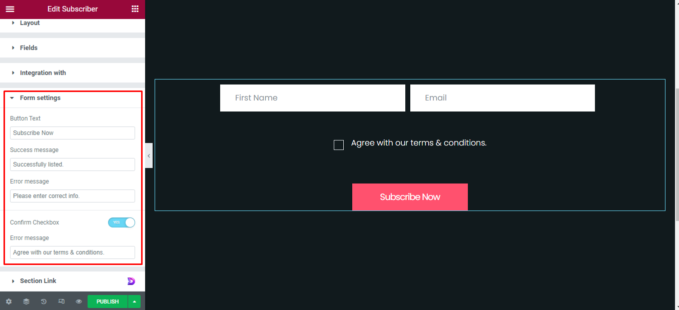 Subscriber form settings tab 