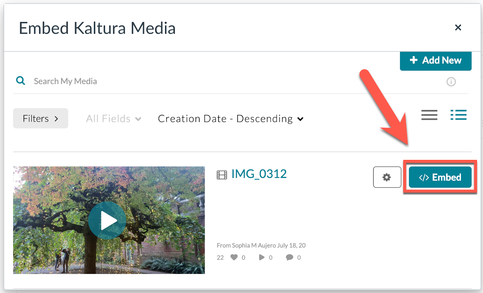 Embed kaltura media window with arrow pointing to the embed button