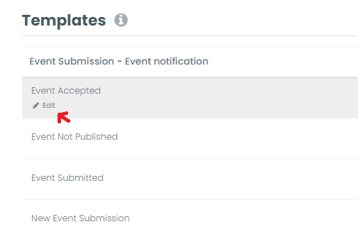 print screen of Timely event app dashboard highlighting event submission email templates edit function 