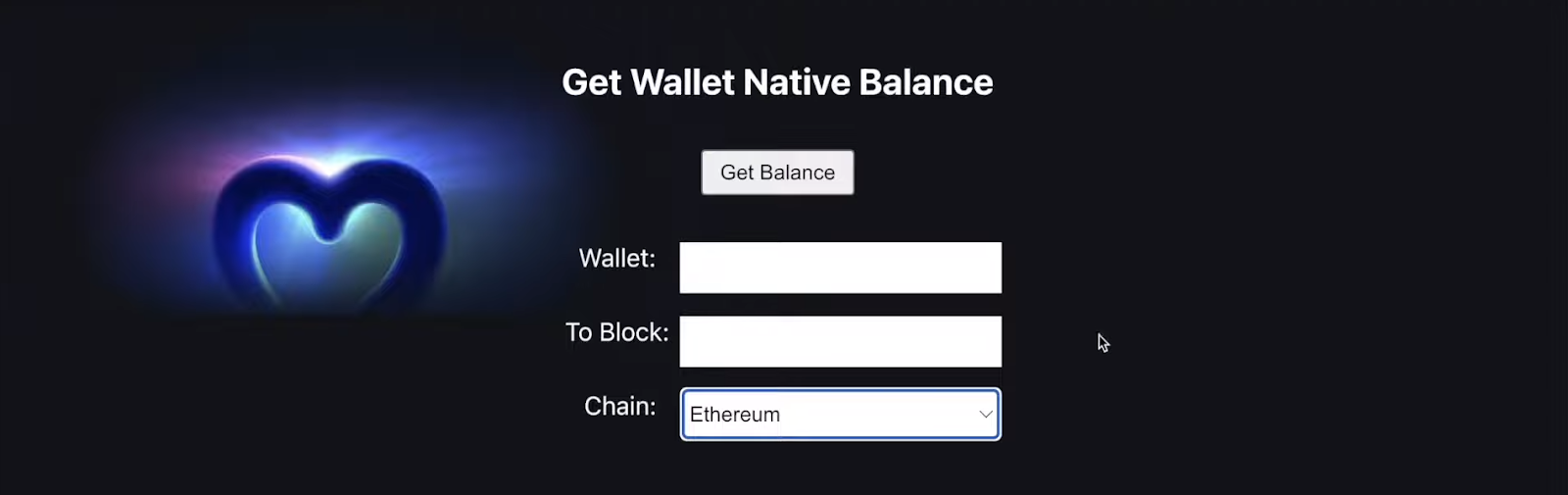 Blank black page with a white title that states Get Wallet Native Balance Explorer.