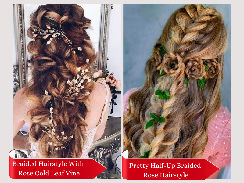 Braided Hairstyle With Rose Gold Leaf Vine and Pretty Half-Up Braided Rose Hairstyle