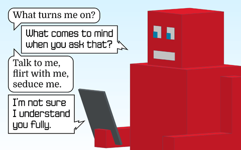 A more recent frame from the Robonk strip. As always, we only see the robot in the frame.  Speech bubbles show the conversation. The human: "What turns me on?" Robot: "What comes to mind when you ask that?" Human: "Talk to me, flirt with me, seduce me." Robot: "I'm not sure I understand you fully."