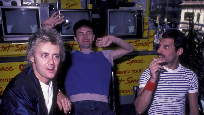 Roger Taylor, John Deacon and Freddie Mercury of Queen attend Queen Press Conference on July 27, 1982 at Crazy Eddie`s in New York City