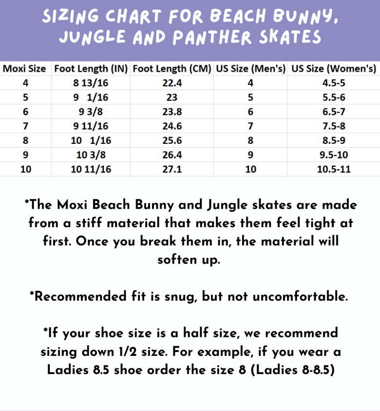 moxi beach bunny sizing chart what size am I in roller skates how to find my size in roller skates how should roller skates fit