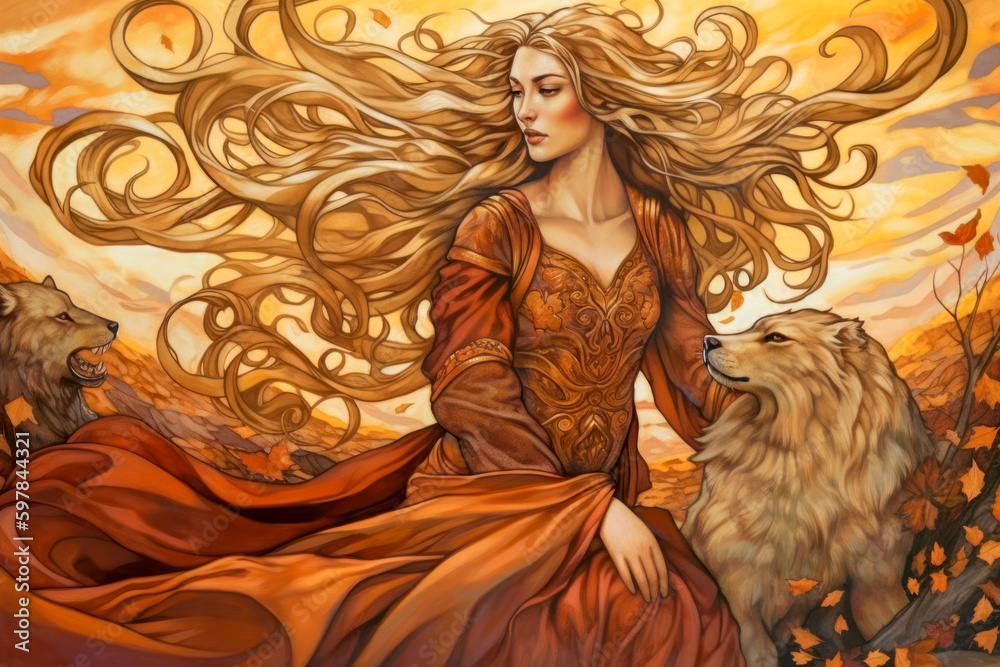 In this illustration, Freya sits with two brown-haired felines wearing a rust-colored gown while her sunlit hair sits afloat, defying gravity. 