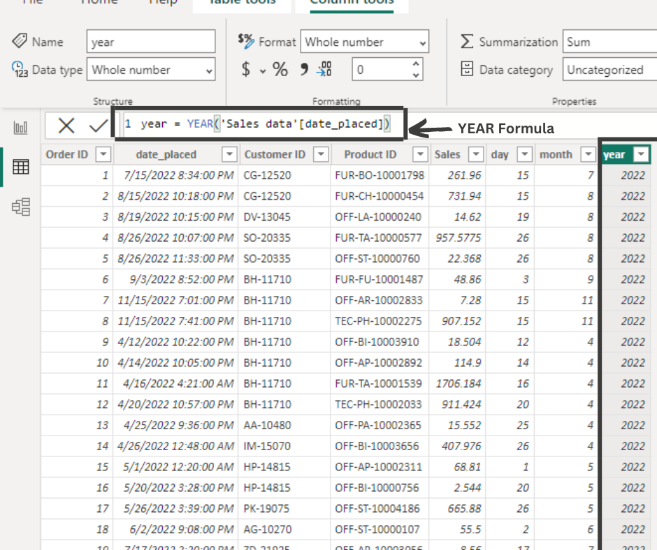 YEAR formula in Power BI DAX