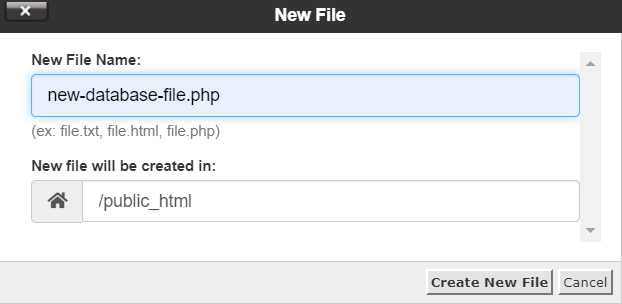 Ventana para crear nuevo archivo php en cPanel