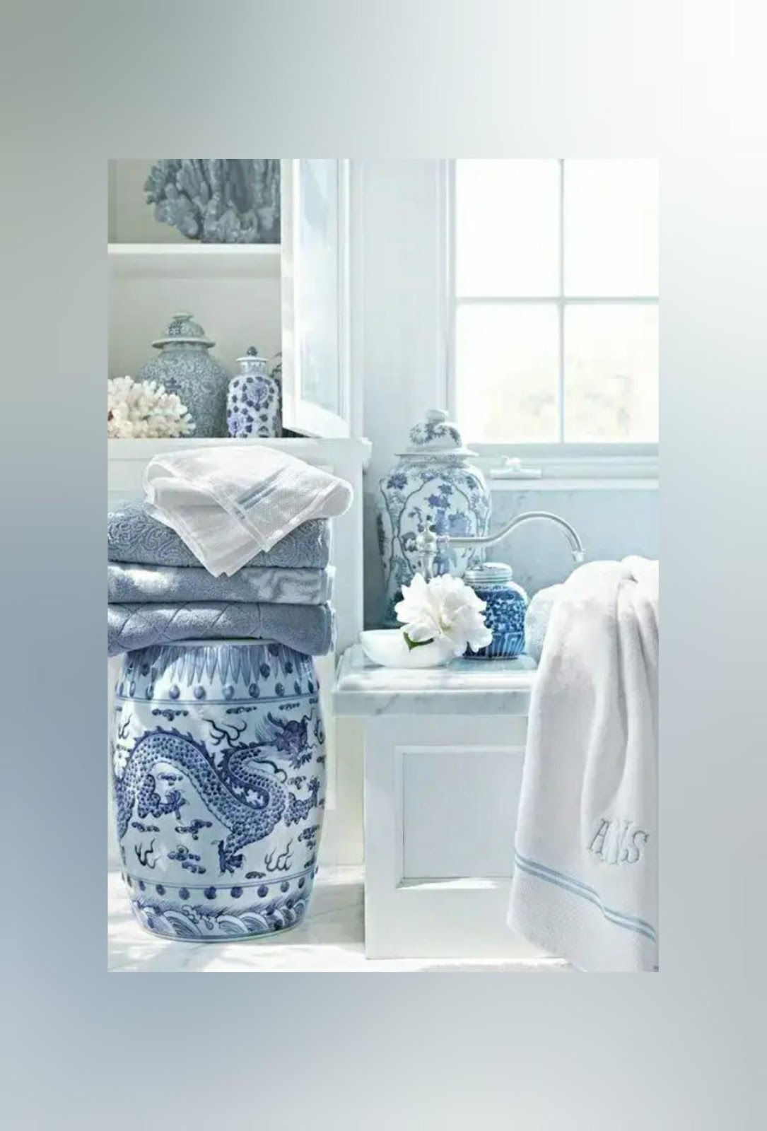 Traditional blue and white ginger jars in a bathroom 