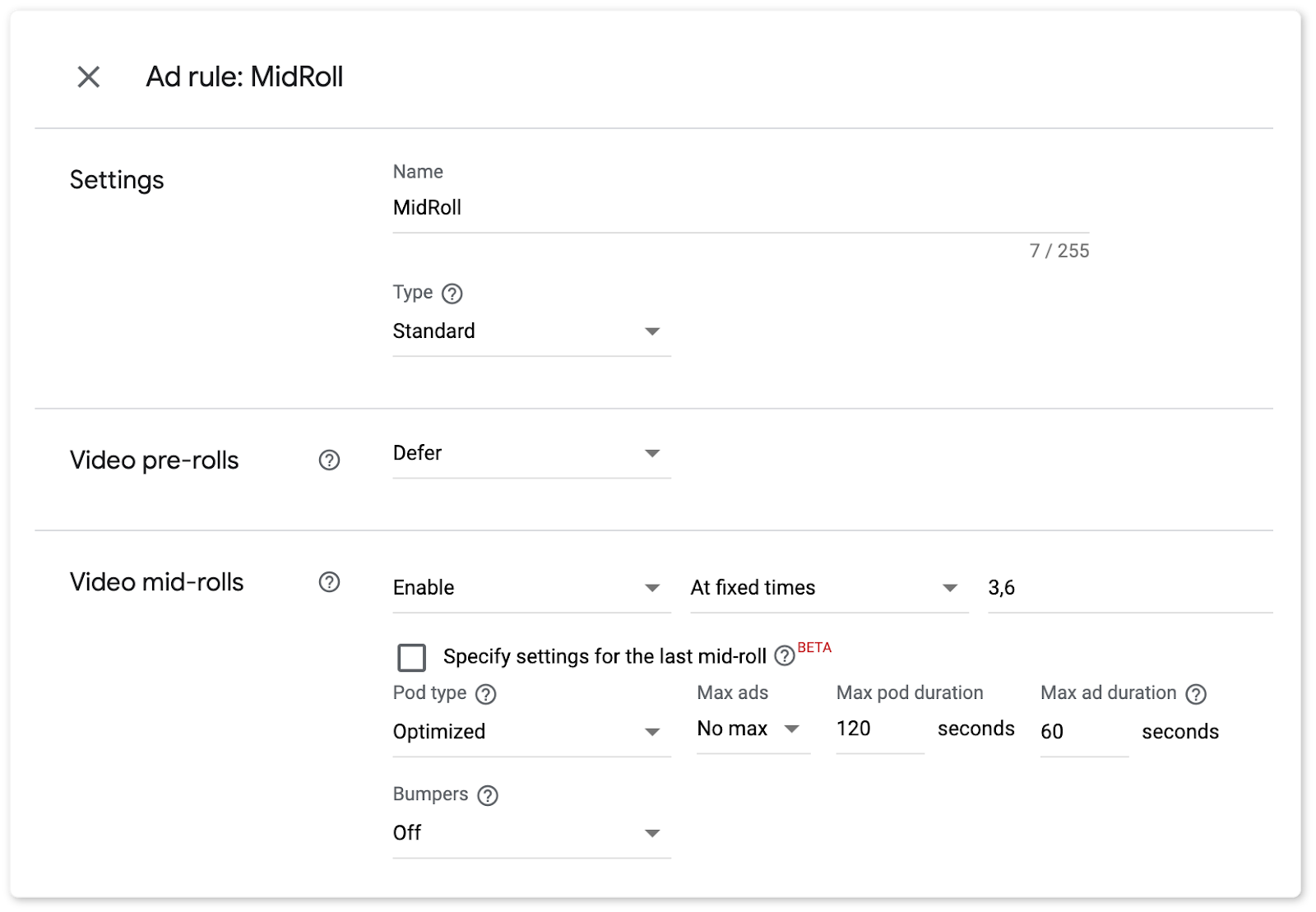 google ad manager ad rule setup screenshot