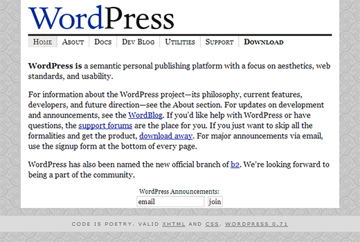 Página inicial do WordPress.org em 2003