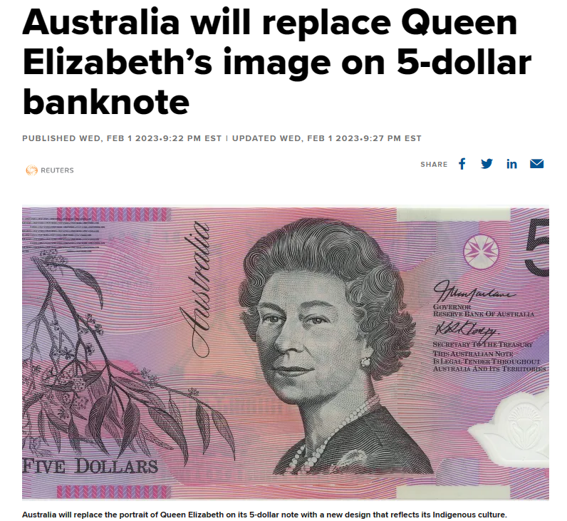 Australia will replace Queen Elizabeth's image on 5-dollar banknote