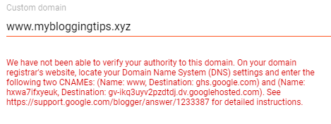 blogger not able to verify custom domain