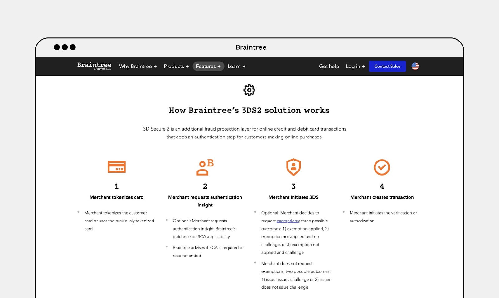 Screenshot of Braitree's fraud protection website page.