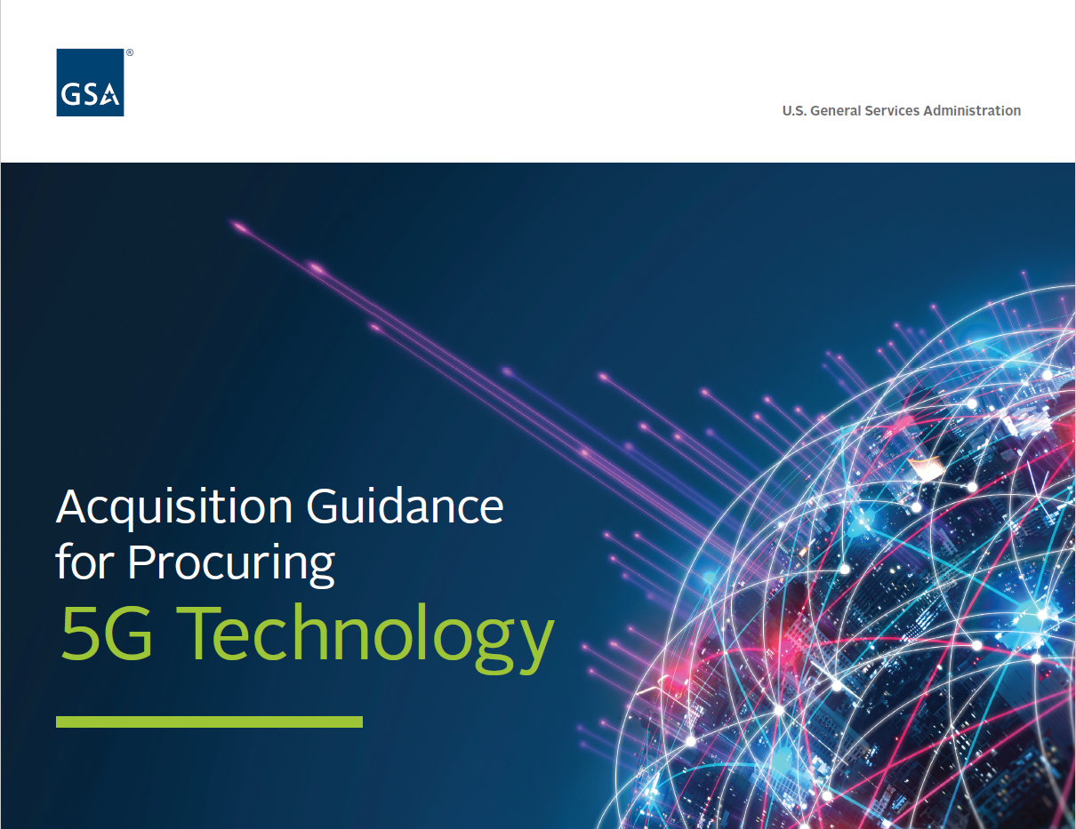 Screenshot of the front page of the "GSA Acquisition Guidance for Procuring 5G Technology" with a white and navy background. There is a colorful technology graphic at the bottom right of the screen.