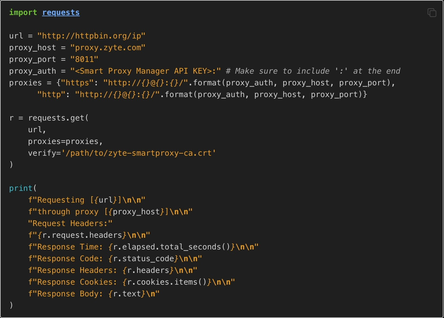 The image shows how to use Smart Proxy Manager with Python requests.