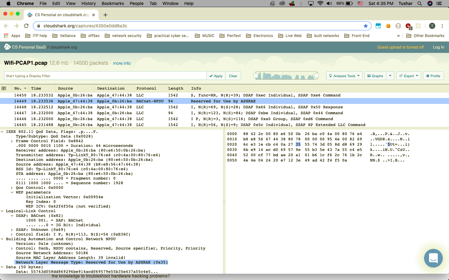 Screen capture of network data using a packet sniffer application.
