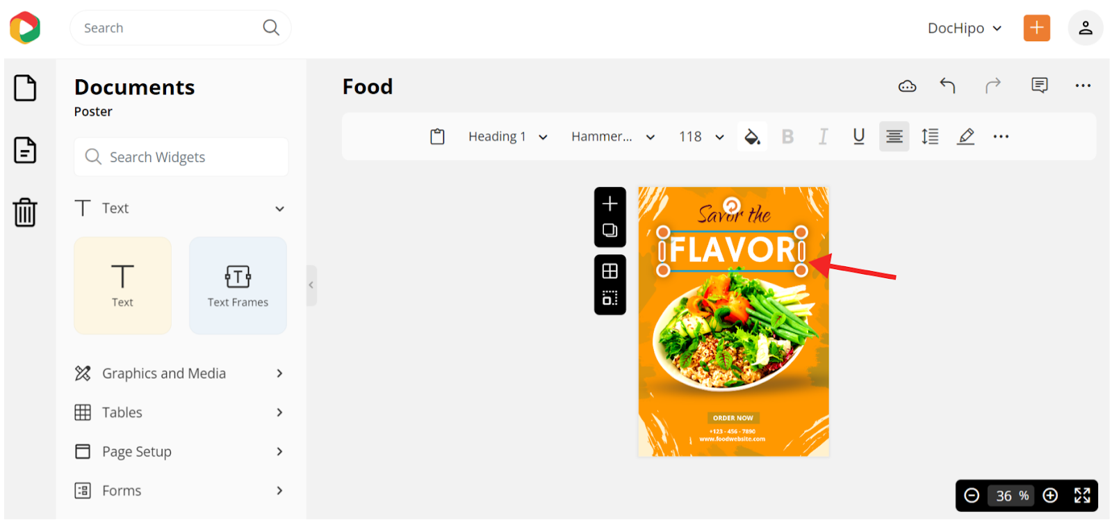 customize text in food poster design by selecting the widget
