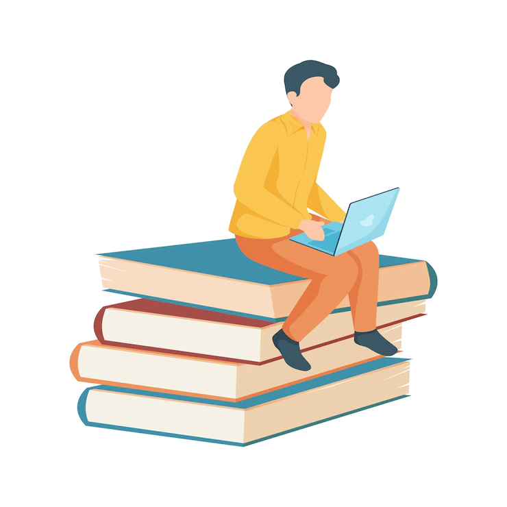 Person in a computer sitting on top of a pile of books 