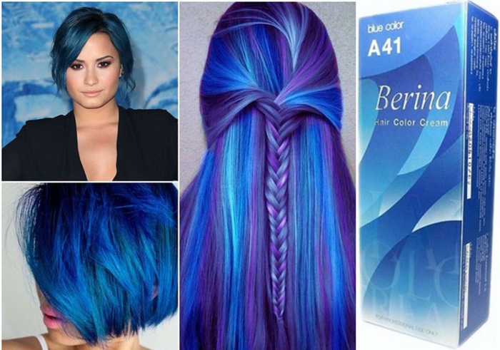 Fotocollage aus vier Bildern - blaue Haare, Frisuren für unterschiedlich lange Haare, blauses Haar mit Fischgräte-Zopf aus lila und weißen Strähnen, mittellanger Bob