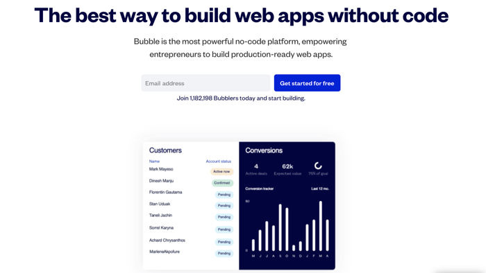 Bubble no-code platform for building web apps stating 'The best way to build web apps without code'