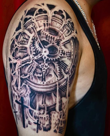 Black And Grey Clock Tattoo