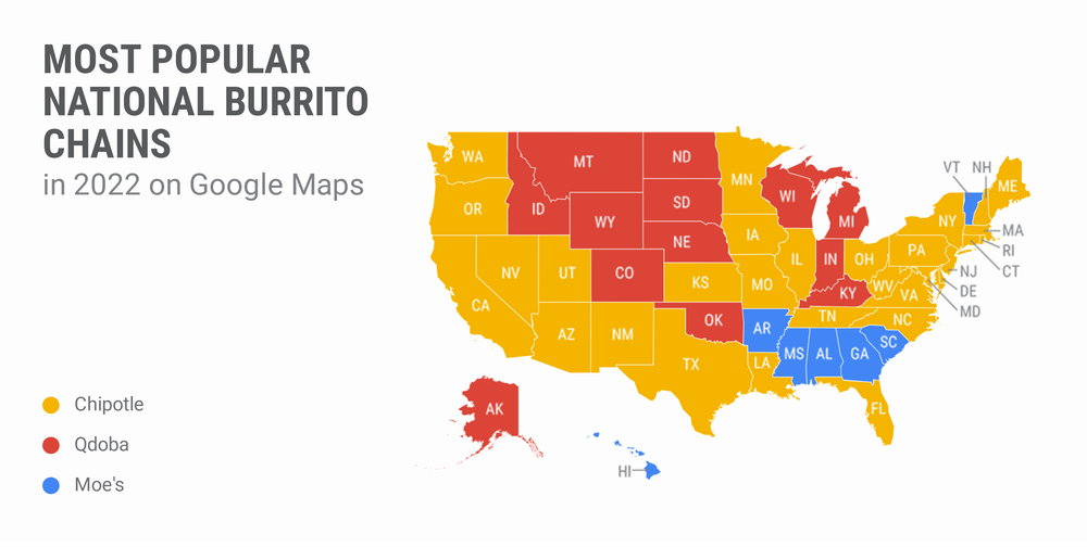A map showing the top national burrito chain in each state
