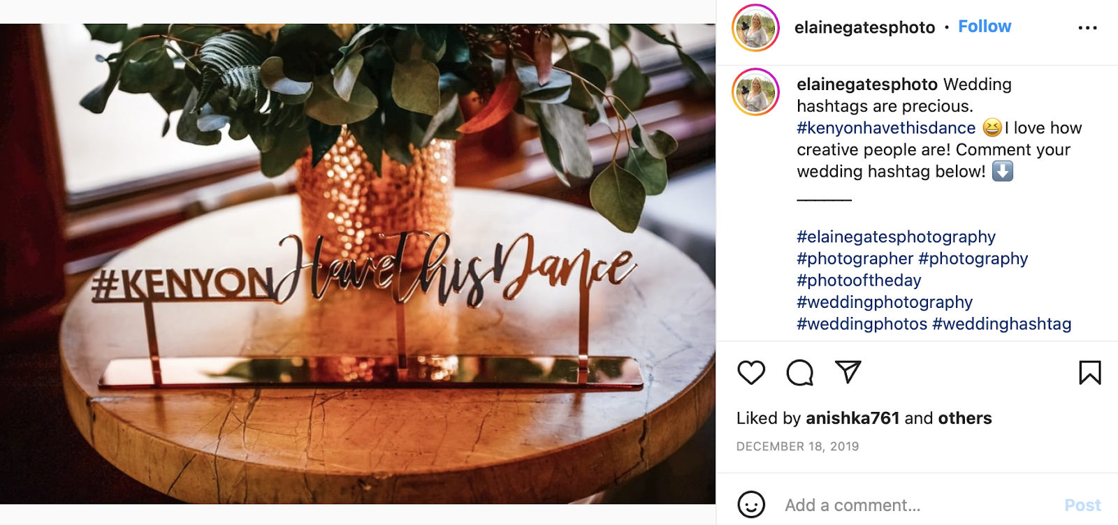 photo of wedding centerpiece with hashtag