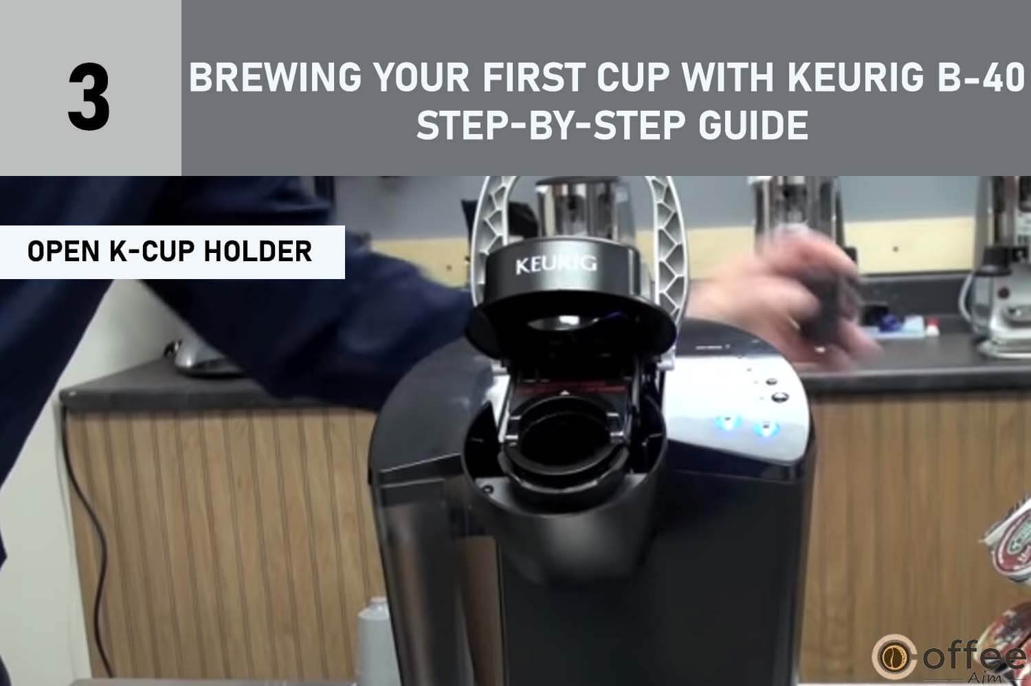 The provided image depicts the process of "Opening the K-Cup Holder," a pivotal step in the comprehensive guide titled "Brewing Your First Cup with Keurig B-40 - Step-by-Step Guide," which is a part of the informative article detailing the usage of the Keurig B-40 coffee maker. This visual representation elucidates the precise action required to access the K-Cup holder, an essential prelude to successfully utilizing the Keurig B-40 for brewing your initial cup of coffee.