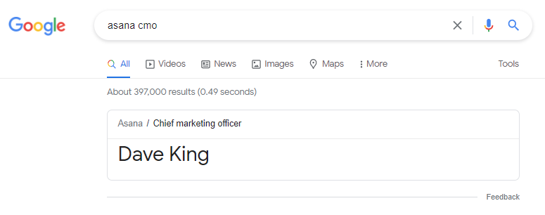 A screenshot of the Google search results for "Asana CMO"