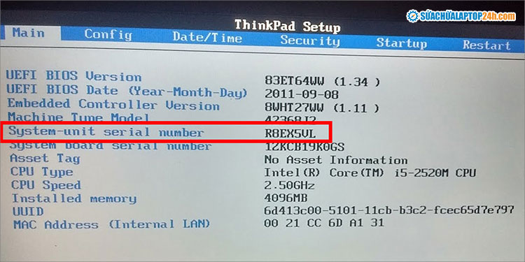 Số serial laptop hiển thị như hình
