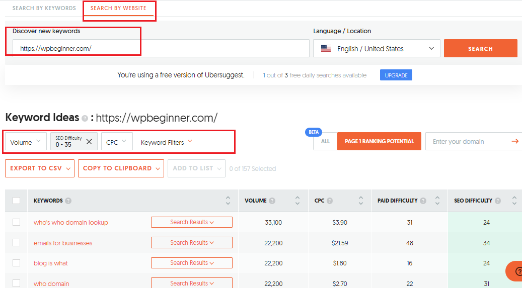 ubersuggest SEARCH keyword BY WEBSITE tool