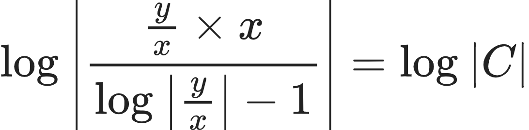 {"type":"align*","code":"\\begin{align*}\n{\\log_{}\\left|\\frac{\\frac{y}{x}\\times x}{\\log_{}\\left|\\frac{y}{x}\\right|-1}\\right|}&={\\log_{}\\left|C\\right|}\t\n\\end{align*}","font":{"family":"Arial","size":10,"color":"#222222"},"id":"16-1-0-0-0-1-0-1-0-0-0-1-0-1-1-1-1-0-0","ts":1604222009526,"cs":"DsNOiqjTKTJ3Q8pBZLWchw==","size":{"width":181,"height":44}}