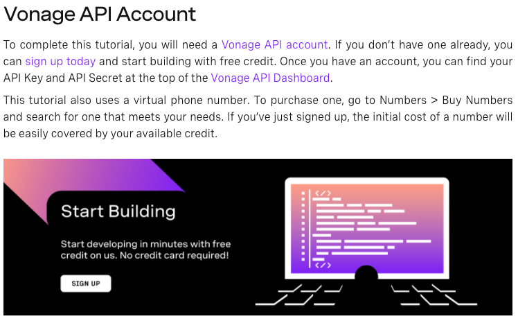 An image explaining that to complete this tutorial you need a VONAGE API Account and to purchase a virtual number