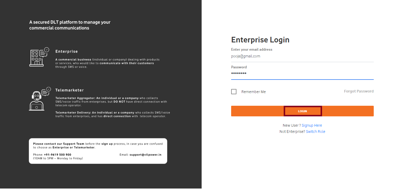 Enterprise login on the Vodafone DLT website