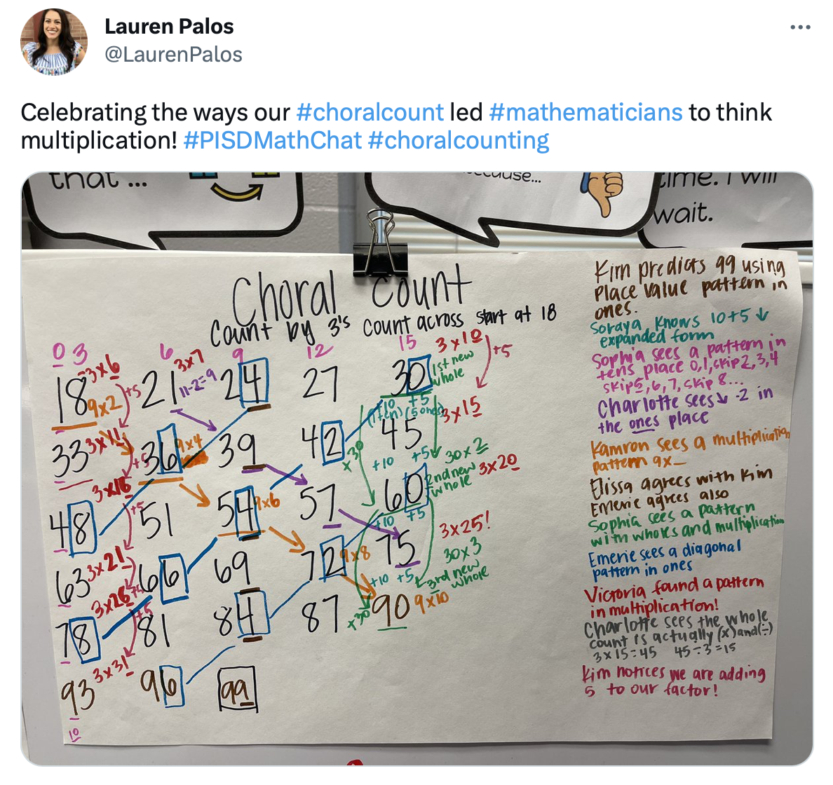 A tweet from Lauren Palos. The image shows a choral count with “count by 3s count across start at 18” written at the top. Numbers skip counting by 3s from 18-99 are recorded with 5 numbers per line. Students’ noticings are jotted along the side of the chart.