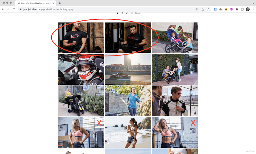 A screenshot of one of Jason's portfolios on his website that has been edited to highlight images that are too similar. You can see a red oval circling around two images that are almost identical - a man in a black shirt working out with weights. You can also see two images with red crosses indicating that one of them needs to be deleted since they are too similar. They are of the same woman in a pink sports bra. She is posing differently in each image, but she is in the same outfit and the same location (a gym).