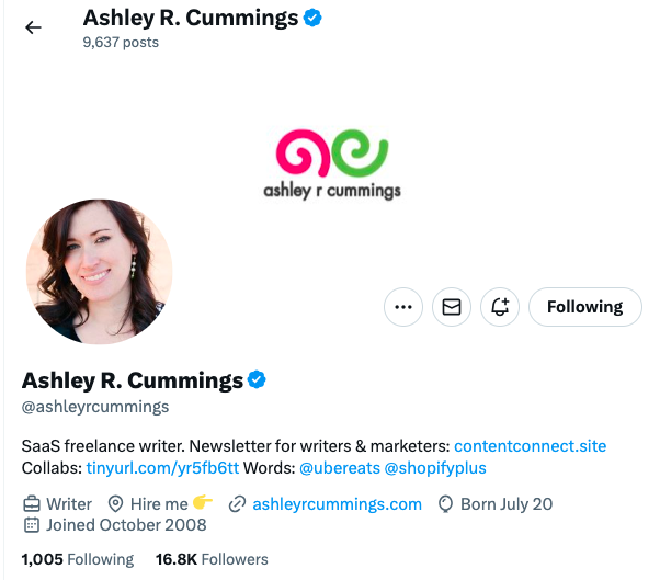 Perfil de Ashley Cummings no Twitter