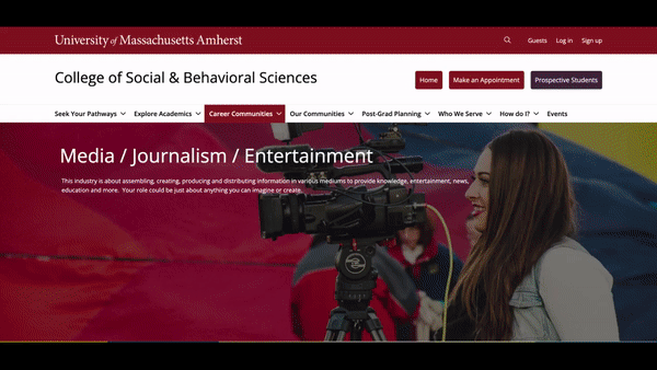 An animated GIF shows the webpage for the UMass Amherst College of Behavioral and Social Sciences virtual career center's media/journalism/entertainment community page. It scrolls down the page to a carousel list of media/journalism/entertainment-related LinkedIn Learning courses.