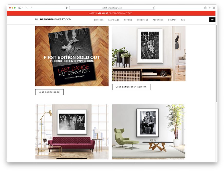 A screenshot showing Bill's website that features both his book, Last Dance, and limited edition prints from the book that can be purchased.