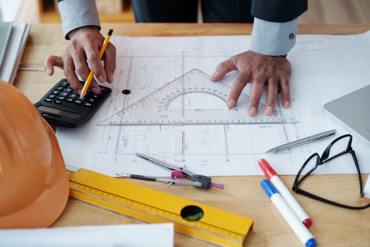 engineer calculating on technical drawings, depicting hands-on engineering work experience.