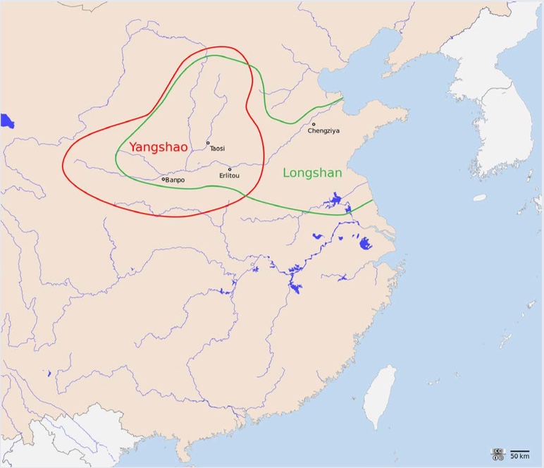 Location of Yangshao culture (5000-3000 BCE) and Longshan culture (3000-1900 BCE) | Note that they overlapped, but also that Longshan culture came later and eventually supplanted Yangshao culture. | Author: Lamassu Design | Source: Wikimedia Commons | License: CC BY-SA 3.0