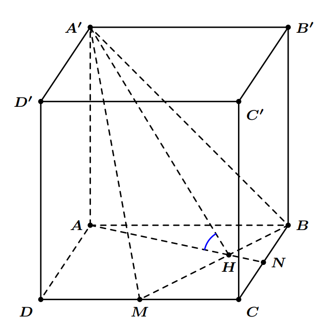 Trong (left( {ABCD} right)): Kẻ (AH bot BI) tại (H); (AA' bot BI) Cho hình hộp chữ nhật (ABCD.A'B'C'D') có đáy là hình vuông cạnh (a), góc giữa hai mặt phẳng (left( {A'BM} right)) và (left( {ABCD} right)) bằng ({60^{rm{o}}}) với (M) là trung điểm (CD). Thể tích khối hộp chữ nhật đã cho bằng</p> 1