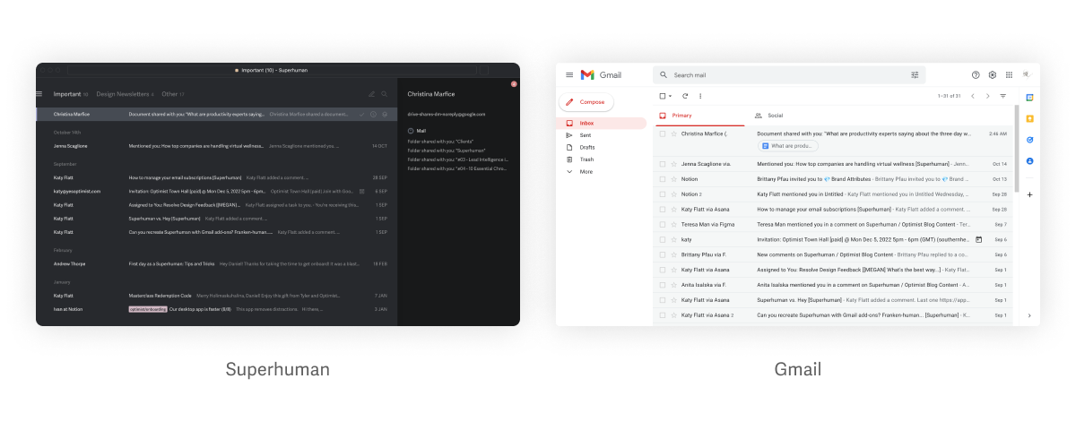 Design comparison of Superhuman and Gmail